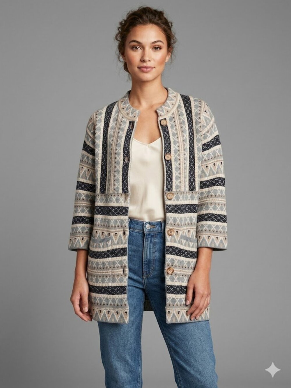 Hatley Aztec Pattern Colours Blue Ivory Gray 3/4 Length Cardigan Sweater SZ L